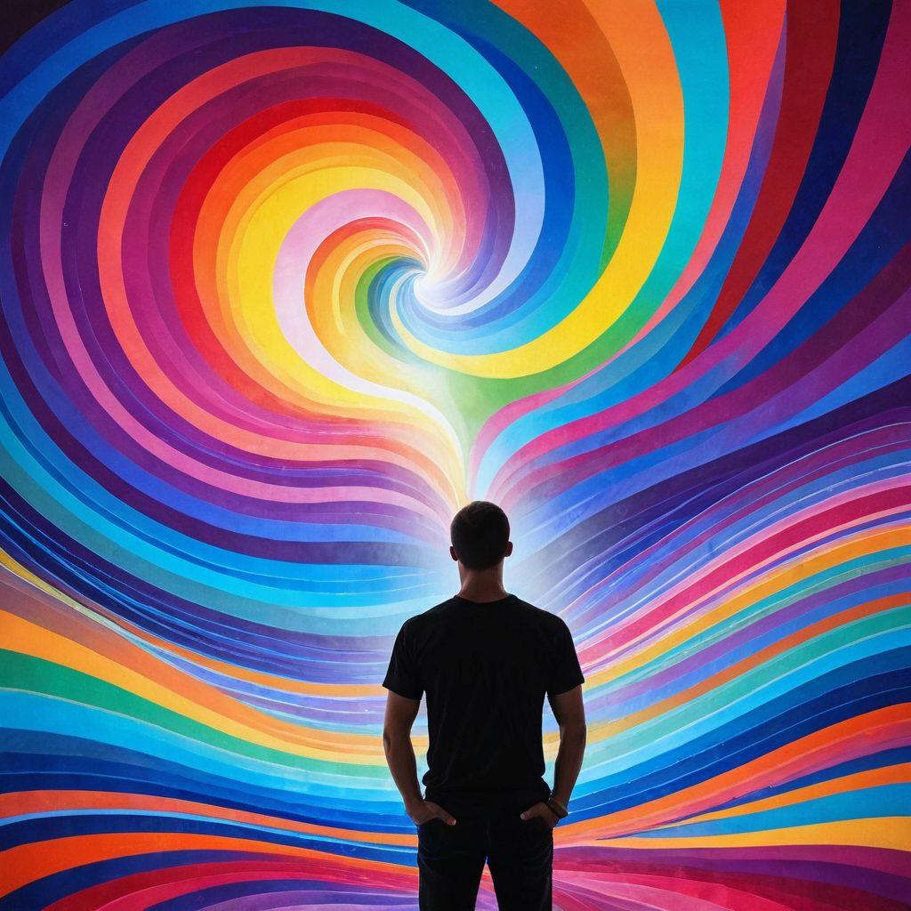 A surreal scene depicting a mesmerizing spiral pattern emanating from a human mind, enveloping a straight male figure entranced in a state of hypnosis. The background features soft, flowing waves of vibrant colors representing desire and control. The figure should appear both relaxed and captivated, with symbols of masculinity subtly integrated into the design. Include dreamlike elements like floating hearts and geometric shapes to enhance the hypnotic feel. super-realistic. vibrant colors. ethereal atmosphere.