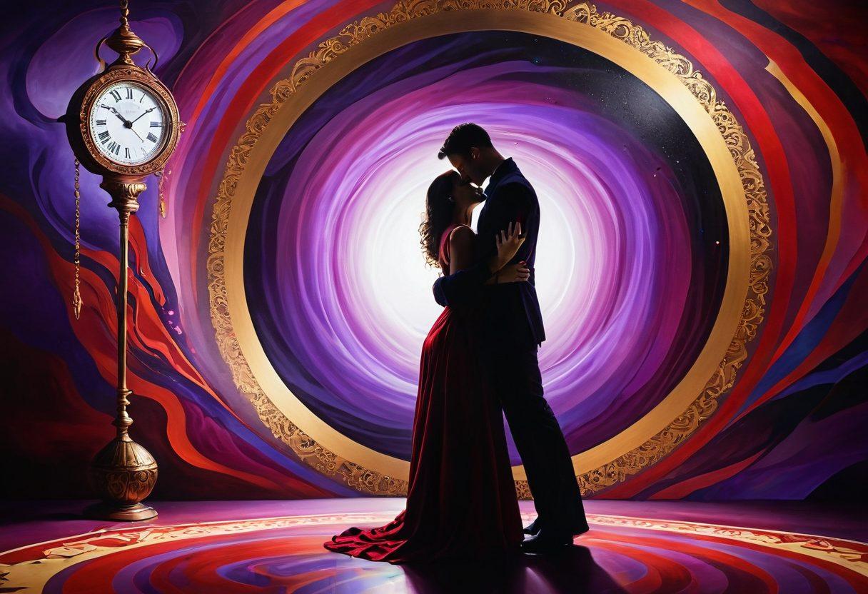 A charismatic male figure confidently engaging with a shadow of an alluring woman, framed by swirling hypnotic patterns and rich colors that suggest seduction and allure. Subtle elements like a pendulum in the background symbolize hypnosis. The atmosphere should feel mysterious yet inviting, capturing the essence of attraction and seduction techniques. vibrant colors. surreal art.