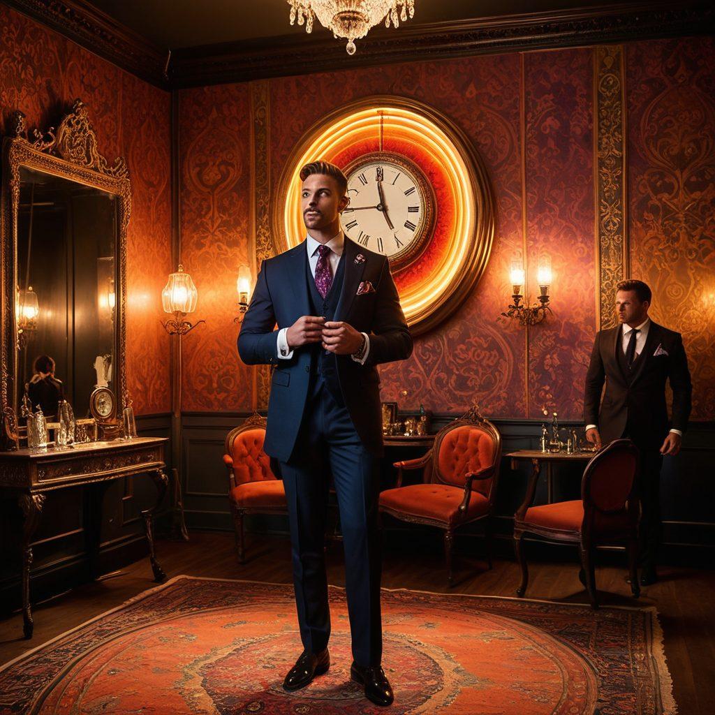 A mesmerizing scene showcasing a confident male hypnotist with swirling patterns of colorful light emanating from a pendulum, capturing the intrigued expressions of straight men in a chic, dimly lit room. Incorporate elements of vintage decor and a sense of enchantment in the atmosphere, reflecting the art of hypnotism. super-realistic. vibrant colors. warm tones.